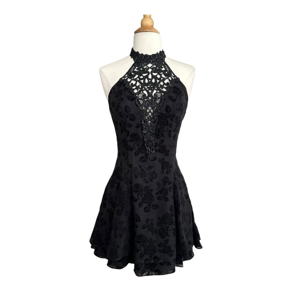 ZUM ZUM Vintage 90s Black Halter Mini Dress Flocked Velvet‎ Floral Made USA S